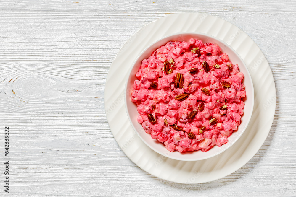 cranberry creamy salad with marshmallows, top view cranberry creamy salad with marshmallows, top view