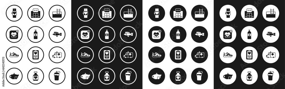 Set Swimming pool with ladder, Bottle of water, Mobile heart rate, Smart watch, Fish, Gym building, Ambulance and emergency car and Sport sneakers icon. Vector