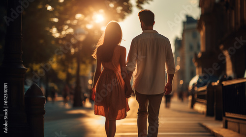 couple in love, holding hands, walks on a summer evening at sunset. Generative Ai