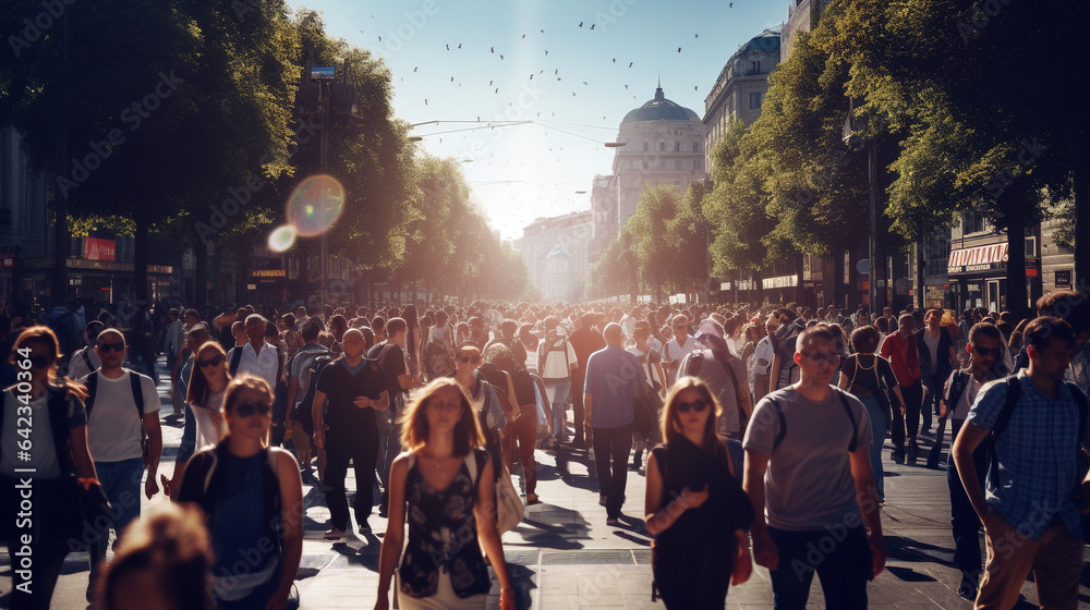 People walk around the city on a sunny cloudless day. Generative Ai