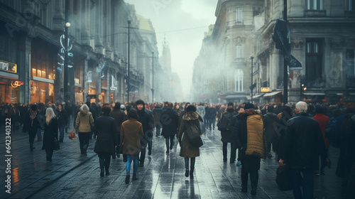a crowd of anonymous people walk around the city on a cloudy day. Generative Ai