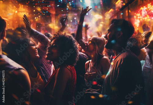 A company of American African Americans having fun at a night disco in a club. Generative Ai
