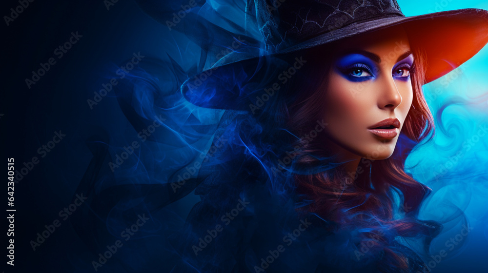 Beautiful woman in witch hat on magic colored blue  smoke background. Halloween wallpaper design. Generative AI
