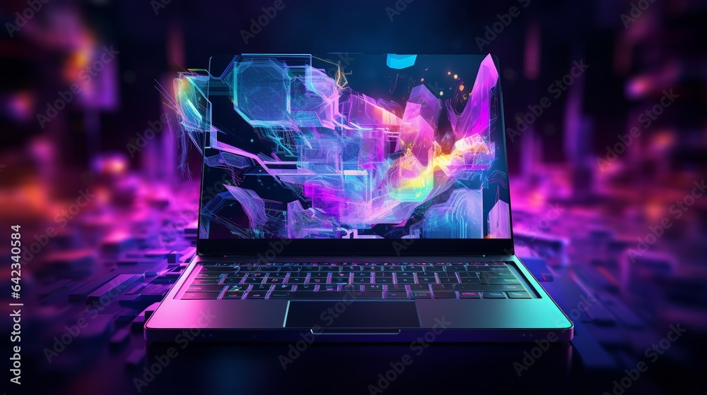 futuristic laptop technology in neon colors - ideal for cover designs, wallpapers, and modern projects - obrazy, fototapety, plakaty 