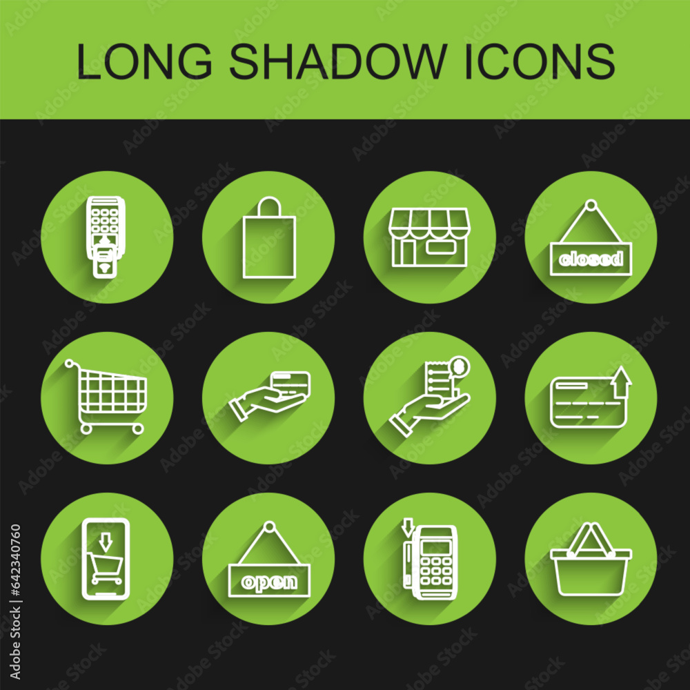 Set line Mobile phone and shopping cart, Pos inserted credit card, Shopping basket, Human hand holding, Credit and blank receipt bill for icon. Vector Set line Mobile phone and shopping cart, Pos inserted credit card, Shopping basket, Human hand holding, Credit and blank receipt bill for icon. Vector