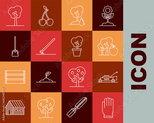 Set line Garden gloves, Lawn mower, Tree with apple, Watering, rake work, Shovel, and pot icon. Vector