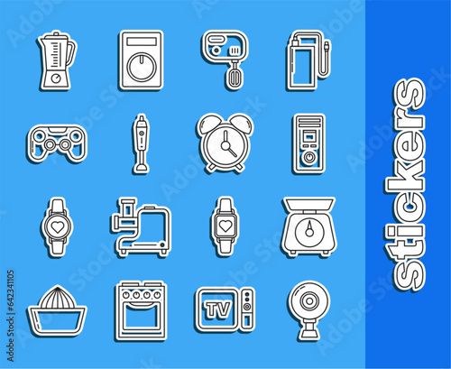 Set line Web camera, Scales, Remote control, Electric mixer, Blender, Gamepad, and Alarm clock icon. Vector