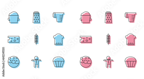 Set line Donut with sweet glaze, Holiday gingerbread man cookie, Bakery bowl dough, Muffin, Cereals rice, wheat, corn, oats, rye, Chef hat, Cheese and Grater icon. Vector