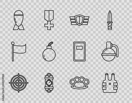 Set line Target sport for shooting competition, Military reward medal, Detonate dynamite bomb stick and timer clock, Aviation, Bomb ready explode, Brass knuckles and Hand grenade icon. Vector