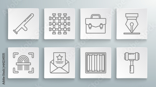 Set line Fingerprint, Prison window, The arrest warrant, Judge gavel, Briefcase, Fountain pen nib and Police rubber baton icon. Vector