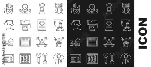 Set line Internet of things, Drone delivery concept, Assembly line, Antenna, Industrial machine robotic robot arm hand factory, Mechanical and User manual icon. Vector