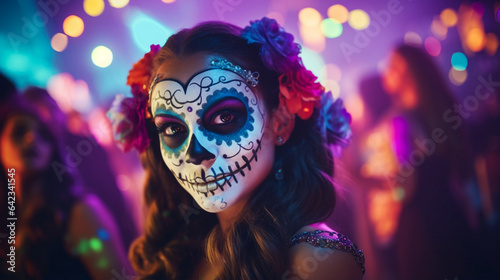 Festive banner with halloween party. Woman with scary skeleton makeup and wearing carnival costume dance in night club background. Mexican death day. Generative AI