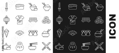 Set line Traditional Japanese katana, Rice in bowl with chopstick, Sushi, costume Kimono, paper lantern, and cutting board icon. Vector
