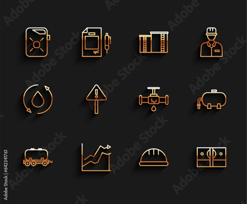 Set line Oil railway cistern, Worker safety helmet, Stacks paper money cash, Exclamation mark triangle, industrial factory building and Broken pipe with leaking water icon. Vector