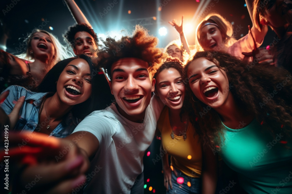 Party young and diverse people having fun in a nightclub. Happy teenager nightlife