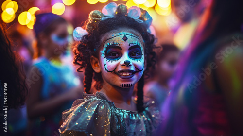 Festive banner with halloween party. Little girl with scary skeleton makeup and wearing carnival costume on shiny colorful bokeh background. Mexican death day. Generative AI © Odin