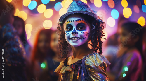 Festive banner with halloween party. Little girl with scary skeleton makeup and wearing carnival costume on shiny colorful bokeh background. Mexican death day. Generative AI © Odin