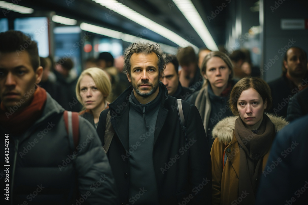 People in a crowded metro during rush hour after work, sad and tired
