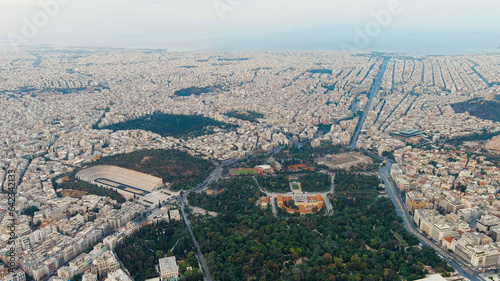 Athens, Greece. Panorama of the central part of the city early in the morning. Cloudy weather, Aerial View