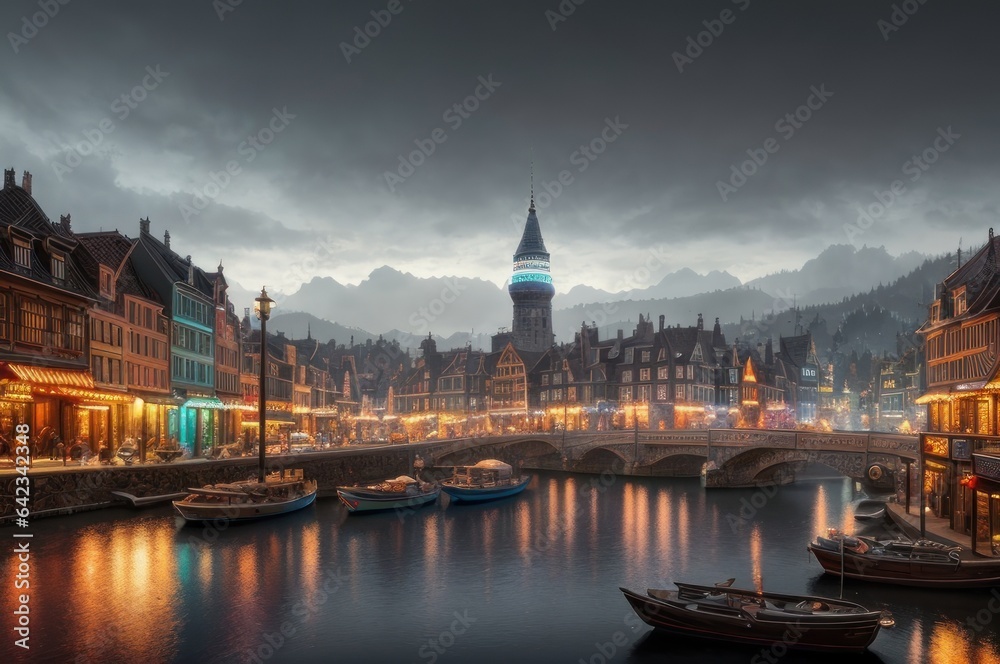 Christmas city panorama with happy people walking on street in snow on winter holidays. European Old town at Xmas eve with cozy buildings. Cityscape with New Year lifestyle