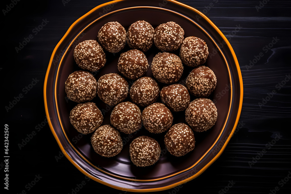 Chewy brigadeiro, Brazilian sweet served on a platter, top down