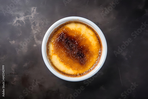 Rich creme brulee, French dessert served in a ramekin, top down