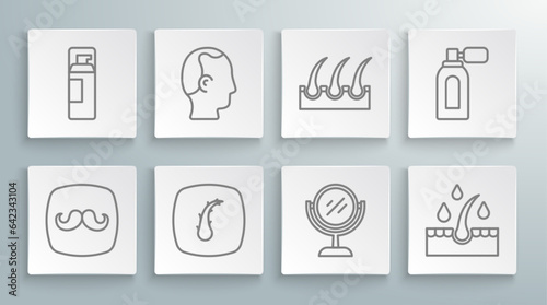 Set line Barbershop, Baldness, Human hair follicle, Hand mirror, Oil for care treatment, Aftershave with atomizer and Shaving gel foam icon. Vector