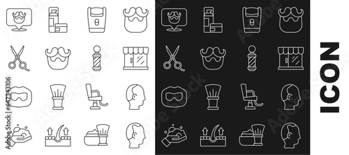 Set line Baldness, Barbershop building, Electric razor blade, Mustache and beard, Scissors hairdresser, and Classic pole icon. Vector