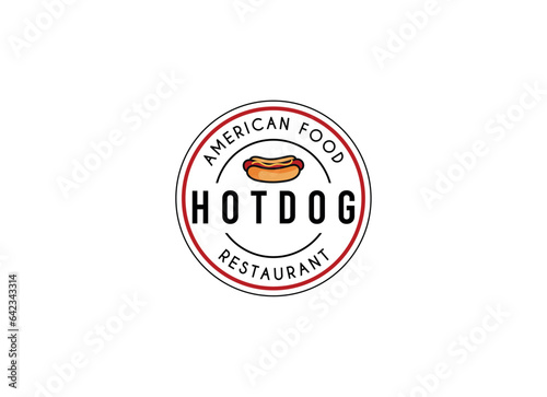 Hot dog logo badge with retro design style. Hot dog emblem logo design. 