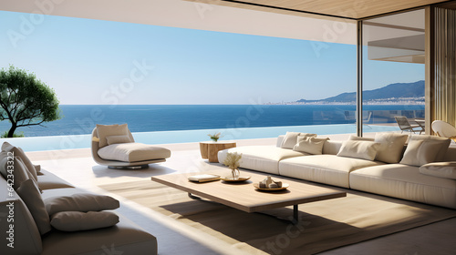 A modern house with sleek lines and expansive glass windows offers breathtaking ocean views. The photography focuses on the clean design and the interplay of light and shadow,.