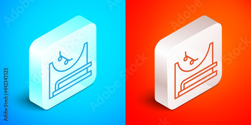Isometric line Skate park icon isolated on blue and red background. Set of ramp, roller, stairs for a skatepark. Extreme sport. Silver square button. Vector