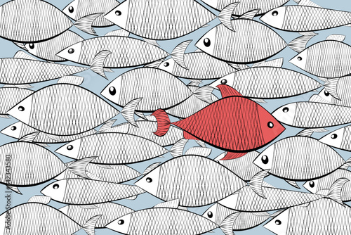 school of fish is the same and one red against the current - abstract society, ordinary, vision be different, unique personality or standing out from the crowd, leadership quality