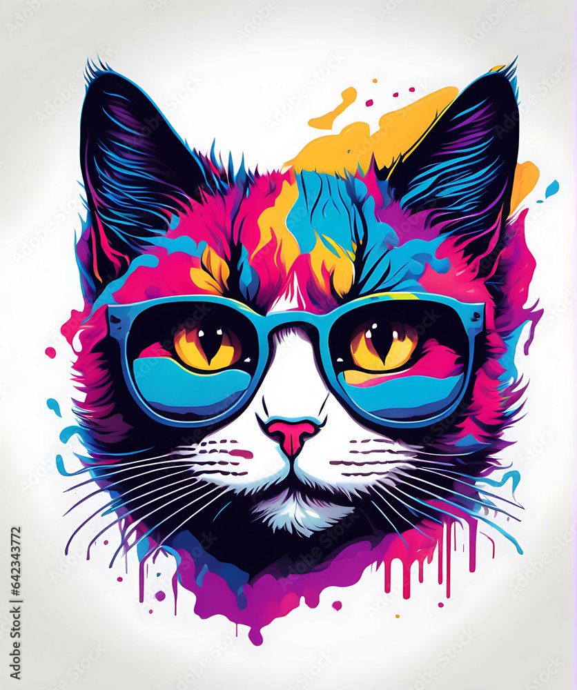 Fototapeta Colorful Cat Head Illustration With White Background
