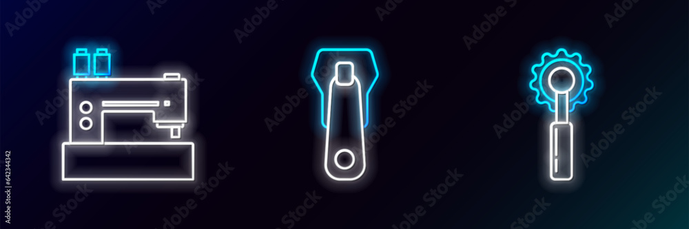 Set line Cutter tool, Sewing machine and Zipper icon. Glowing neon. Vector Set line Cutter tool, Sewing machine and Zipper icon. Glowing neon. Vector