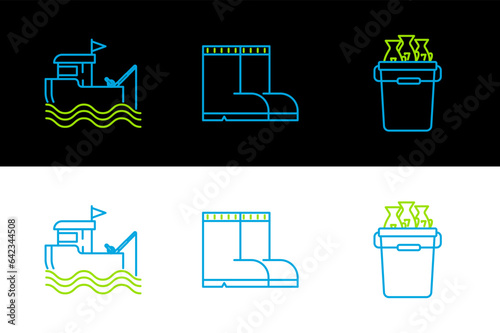 Set line Fishing bucket with fishes, boat fishing rod on water and boots icon. Vector