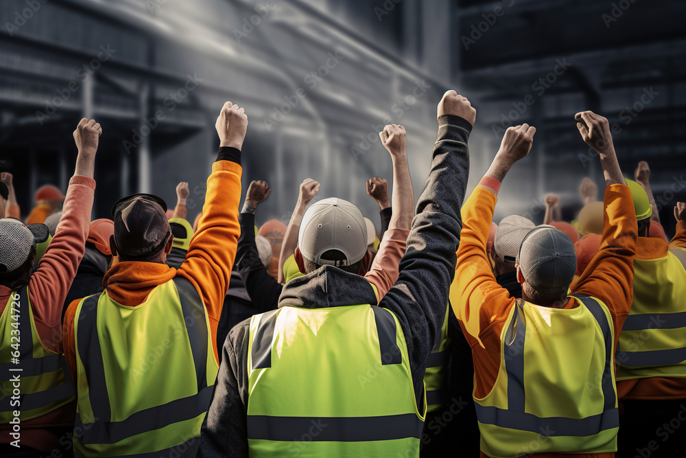 Back view of construction worker in vest raising hand