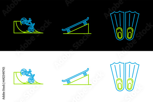 Set line Rubber flippers for swimming, Bicycle on street ramp and Skateboard icon. Vector