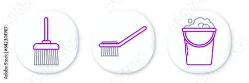 Set line Bucket with foam and bubbles, Handle broom and Toilet brush icon. Vector