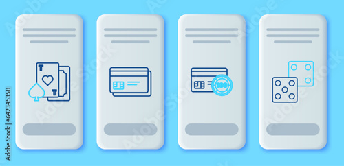 Set line Credit card, Playing with heart and Game dice icon. Vector