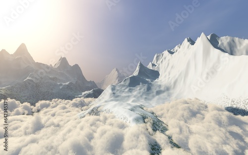 Snowy peaks over a sea of clouds  the rays of the sun in the mountains above the clouds  3d rendering