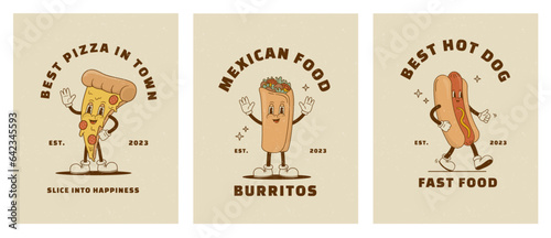 Set of Retro cartoon cute street food character posters. Vintage taco, pizza and hot dog mascot. Fastfood vector illustration for cafeteria. Nostalgia 60s, 70s, 80s