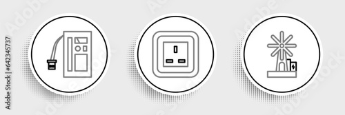 Set line Wind turbine, Battery and Electrical outlet icon. Vector
