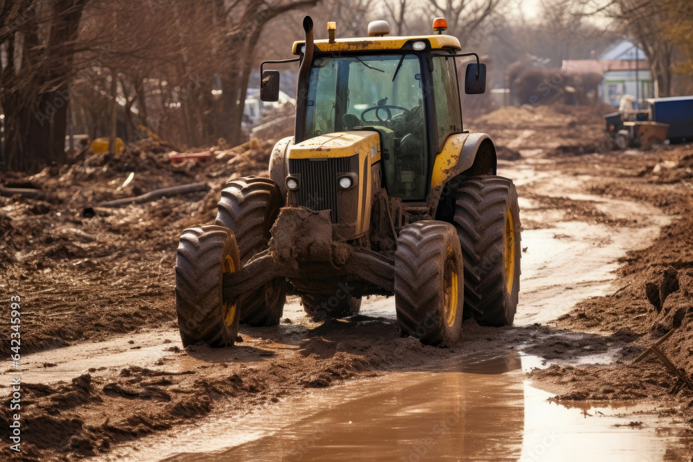 Off-Roading Tractor with Plow in the Mud