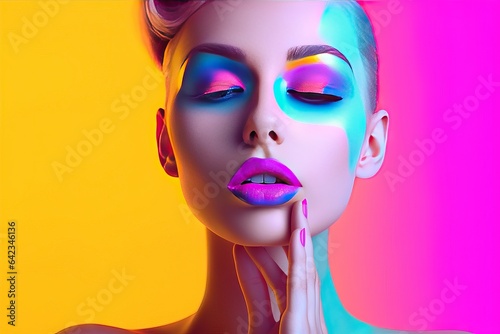 colourful manicure bright girl trendy beauty posing make girl UV colorful lights woman High makeup portrait Fashion design beautiful m studio colorful model Art make-up