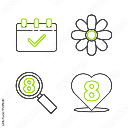 Set line Heart with 8 March, Search, Flower and Calendar icon. Vector