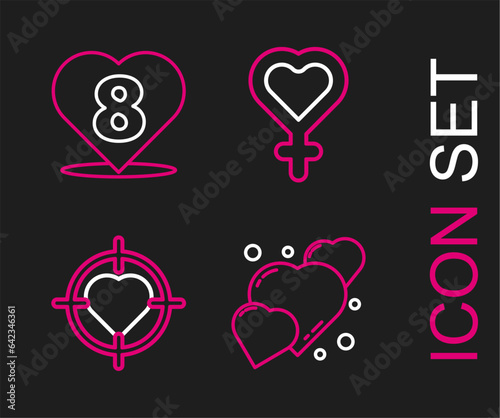 Set line Heart, in the center of target aim, Female gender symbol and with 8 March icon. Vector