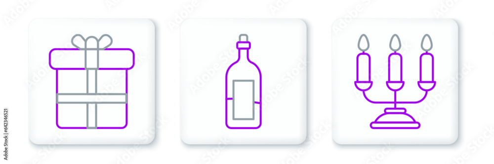 Set line Candelabrum with candlesticks, Gift box and Bottle of wine icon. Vector Set line Candelabrum with candlesticks, Gift box and Bottle of wine icon. Vector