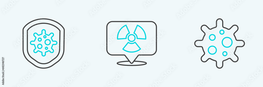 Set line Virus, Shield protecting from virus and Radioactive location icon. Vector Set line Virus, Shield protecting from virus and Radioactive location icon. Vector