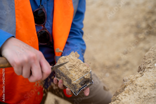 Mains d'une archéologue faisant un prélèvement de terre pour examen photo