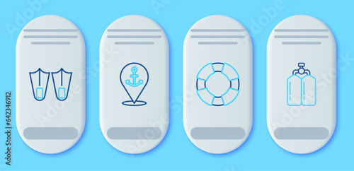 Set line Location with anchor, Lifebuoy, Rubber flippers and Aqualung icon. Vector